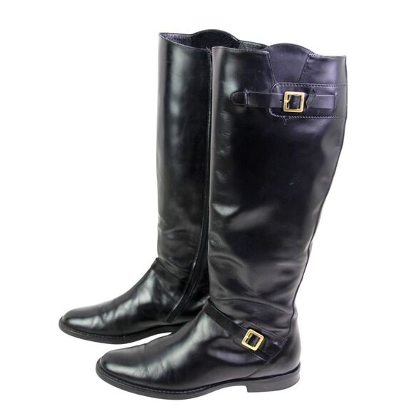 Cole Haan BLACK GENUINE LEATHER LOW HEEL ROUND TOE SIDE ZIP BELTED BOOTS Sz 7B - Picture 3 of 11